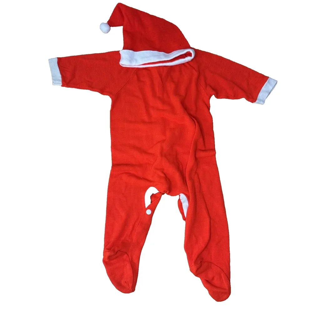 Vintage Baby Santa Claus Costume Red Footed Pajamas With Hat Holiday Outfit Snap